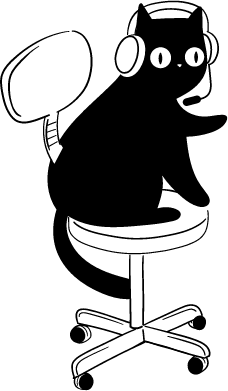 Drawing of a black cat sitting on a computer chair with headset and pointing to the right